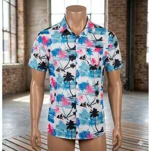 ISHOPFER Mens Tropical Palm Tree Button Down Shirt Blue Pink Short Sleeve Large